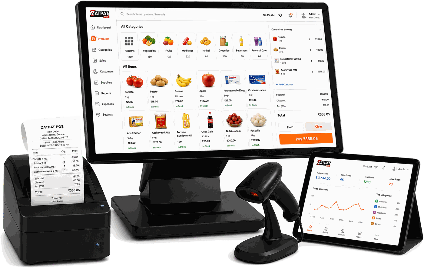 ZatpatPOS billing screen on a touch monitor with a thermal receipt printer and barcode scanner